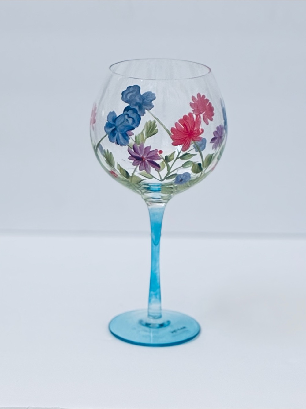 Hand Painted Floral Wine Glass Wild Flowers Multicolor Blue Stem 9"